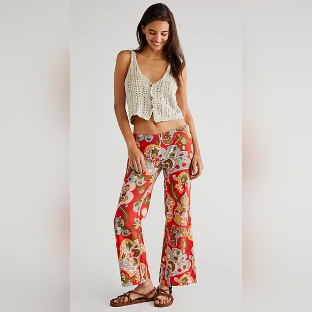 Summer Free People Down And Out Red Retro Flare Printed Pants